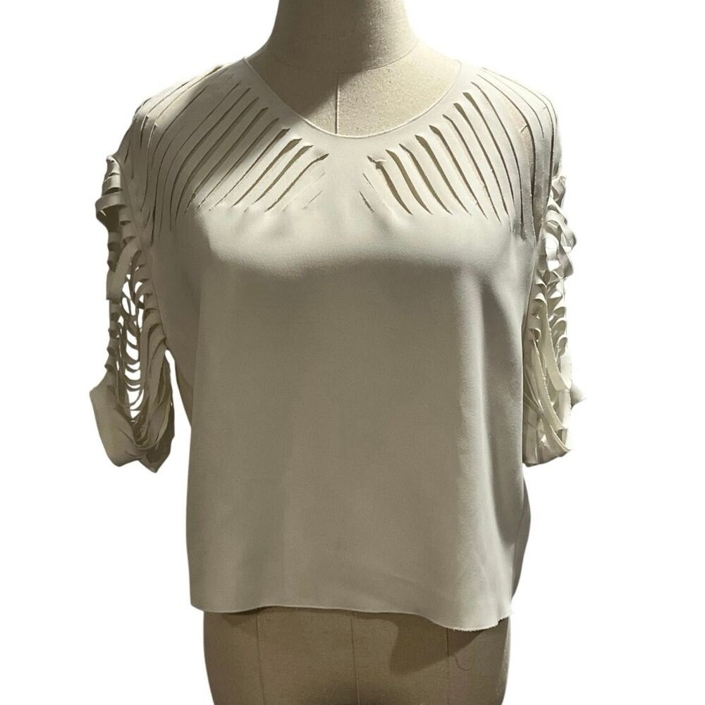 Sandro Paris Elane Laser Cut White 
V-Neck Three-Quarter Sleeve Crop Top sz XS/S - Picture 2 of 11
